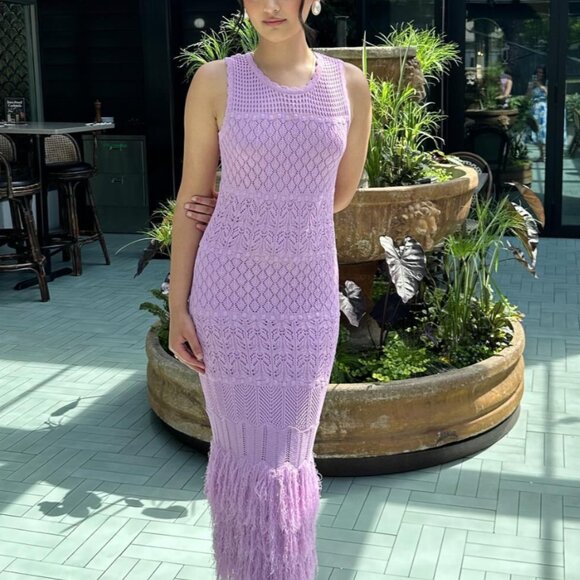 Ronny Kobo Lilac Lavender Purple Knit Crochet Fringe Summer Dress - Picture 1 of 13